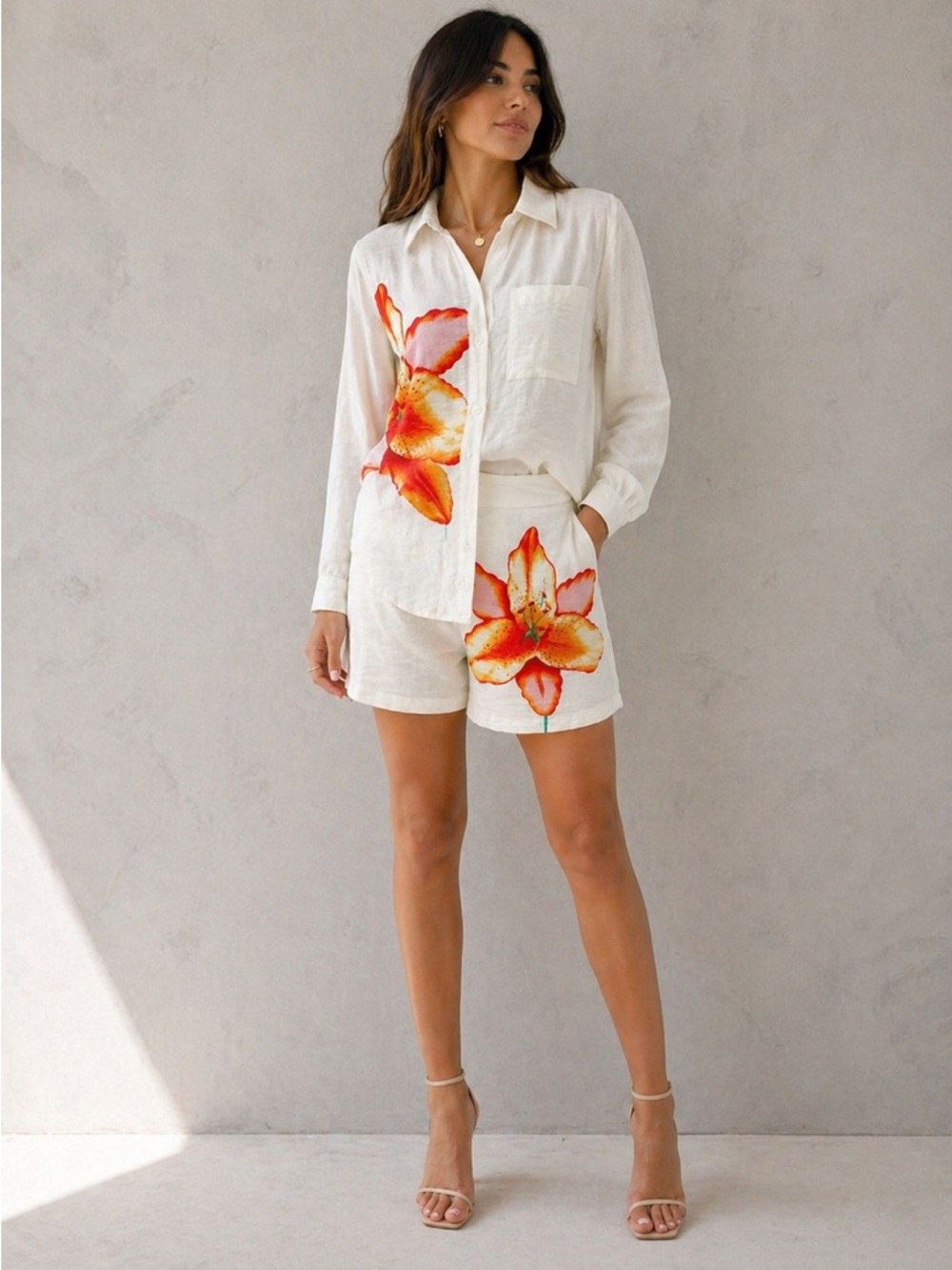 Floral Print White Blouse and Short Set